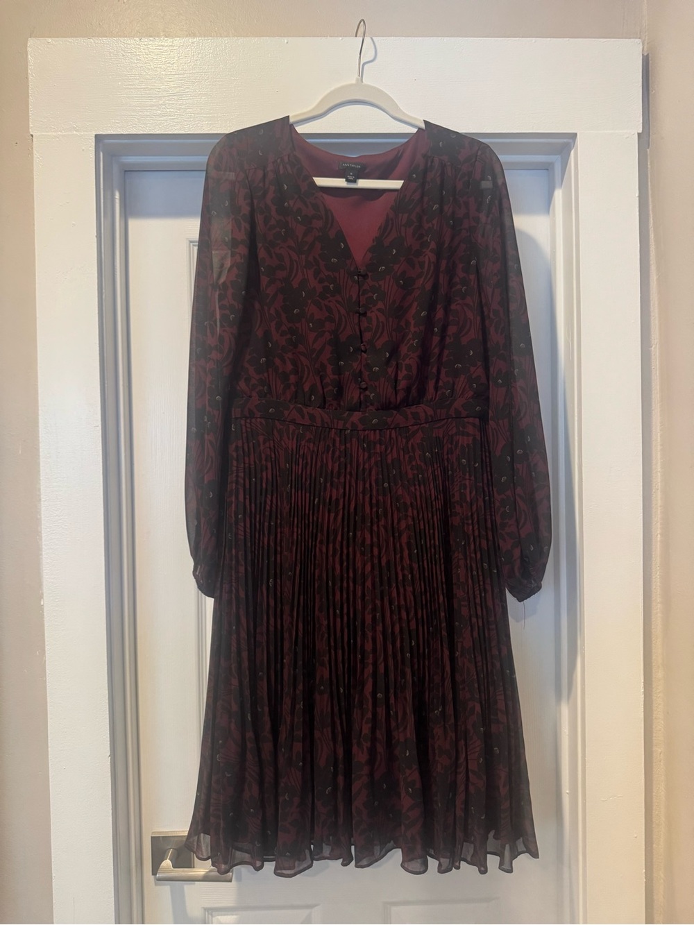 Ann Taylor Burgundy Floral Pleated Midi Dress